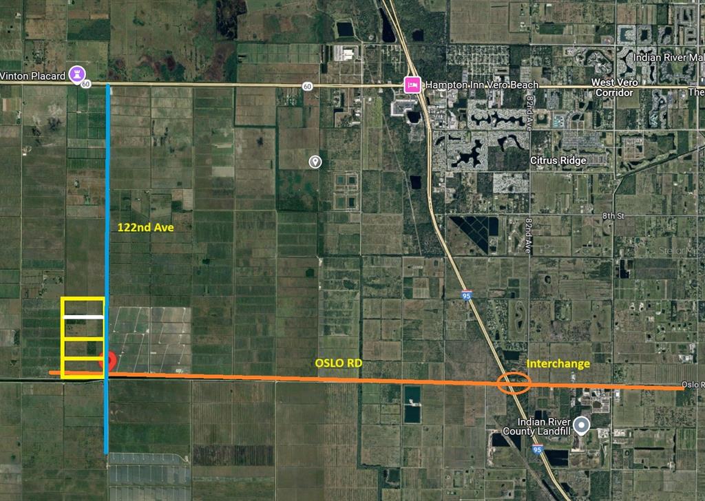 This map shows a land parcel outlined in yellow near the intersection of two roads — 122ND AVENUE, VERO BEACH, FL