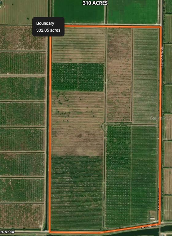 An aerial map shows a large rectangular plot of agricultural land outlined in orange — 122ND AVENUE, VERO BEACH, FL
