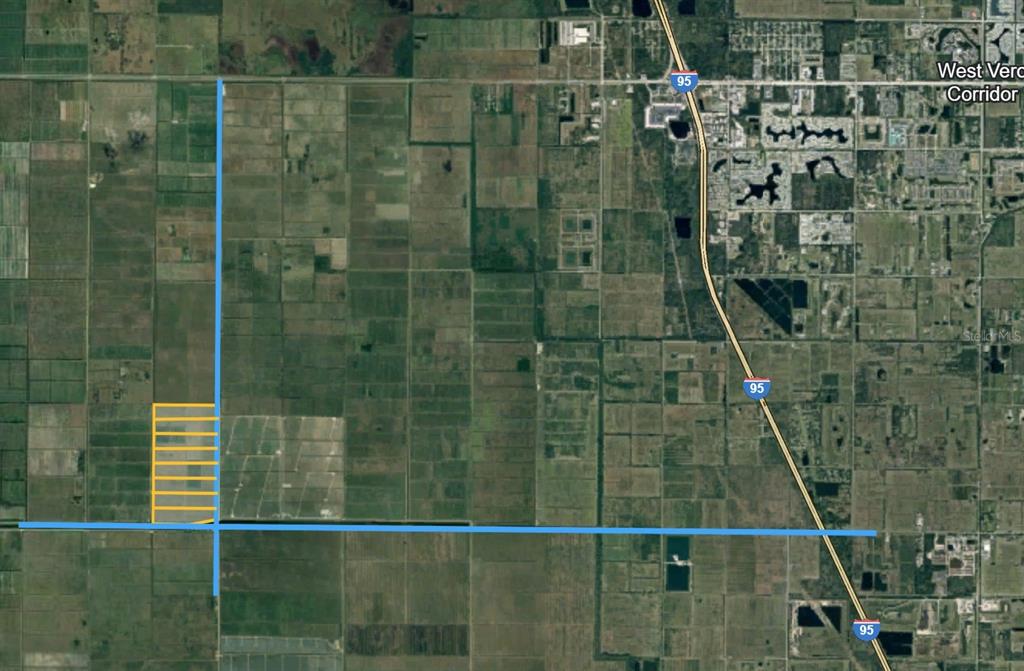An aerial map shows a rectangular land parcel highlighted in yellow near a highway — 122ND AVENUE, VERO BEACH, FL