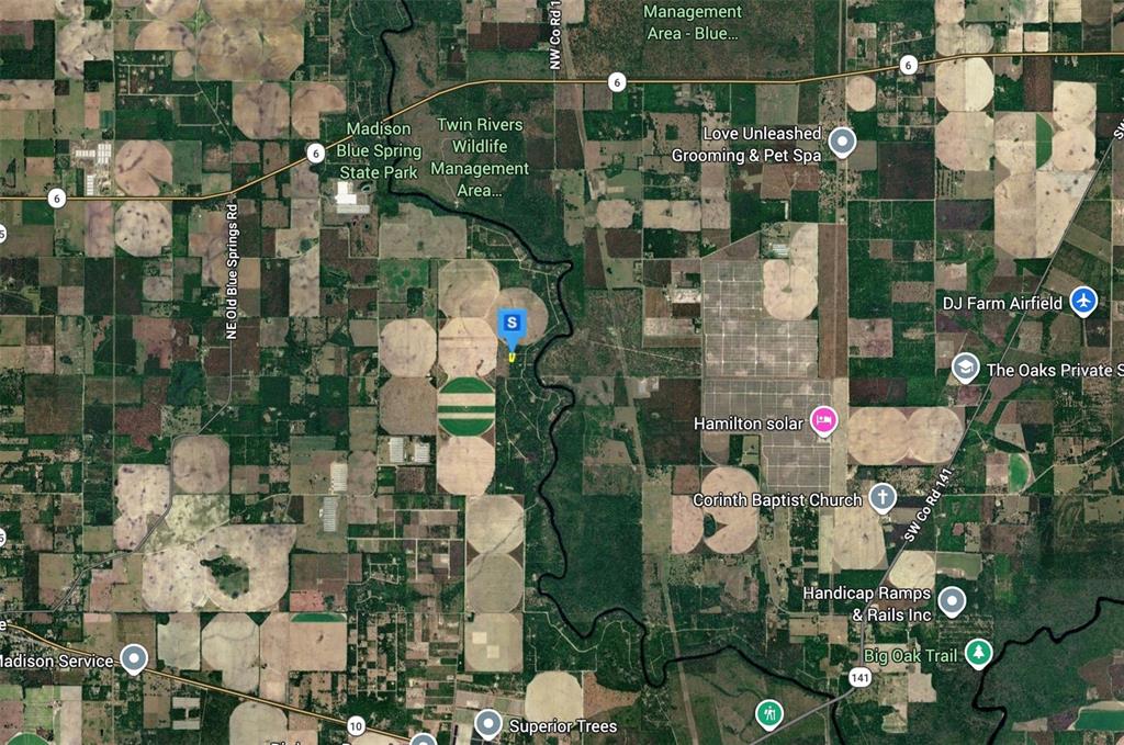 This is a satellite map view of rural land featuring agricultural fields and forested areas — 200 NE LEEK TRAIL, LEE, FL