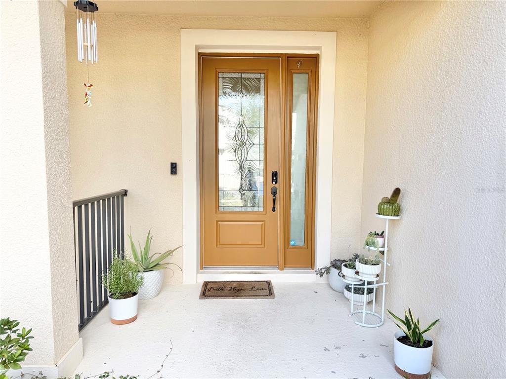A front porch features a brown door with a glass insert, a doormat, and potted plants — 11287 CAY SPRUCE WAY, SAN ANTONIO, FL