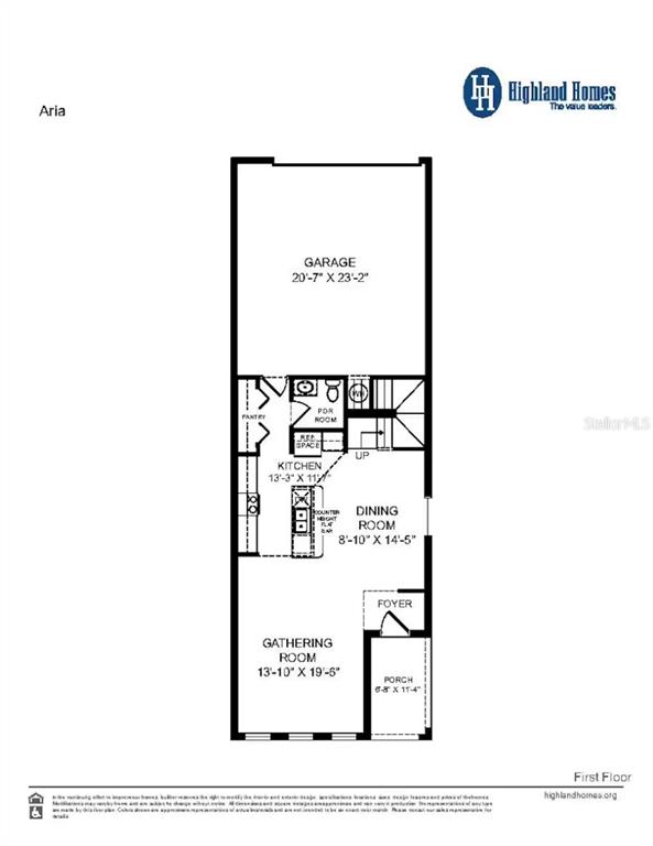 This is a floor plan for the first level of a Highland Homes Aria house — 566 WINDY WILLOW WAY, ST CLOUD, FL