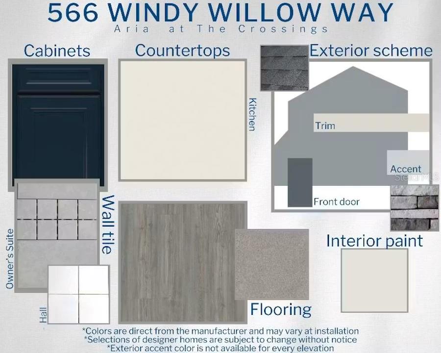 This design board displays interior finishes and an exterior color scheme for a new home — 566 WINDY WILLOW WAY, ST CLOUD, FL