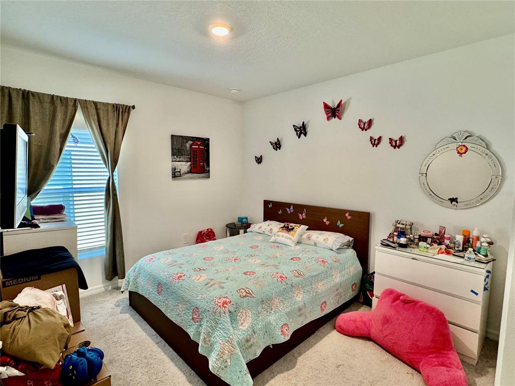 A bedroom features a bed with a patterned quilt, wall-mounted butterflies, and a white dresser — 993 CALICO POINTE CIRCLE, GROVELAND, FL