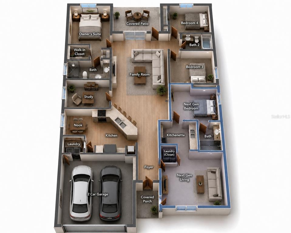 This is a 3D floor plan rendering of a single-story house with a two-car garage — 4249 BABBLING BROOK WAY, KISSIMMEE, FL