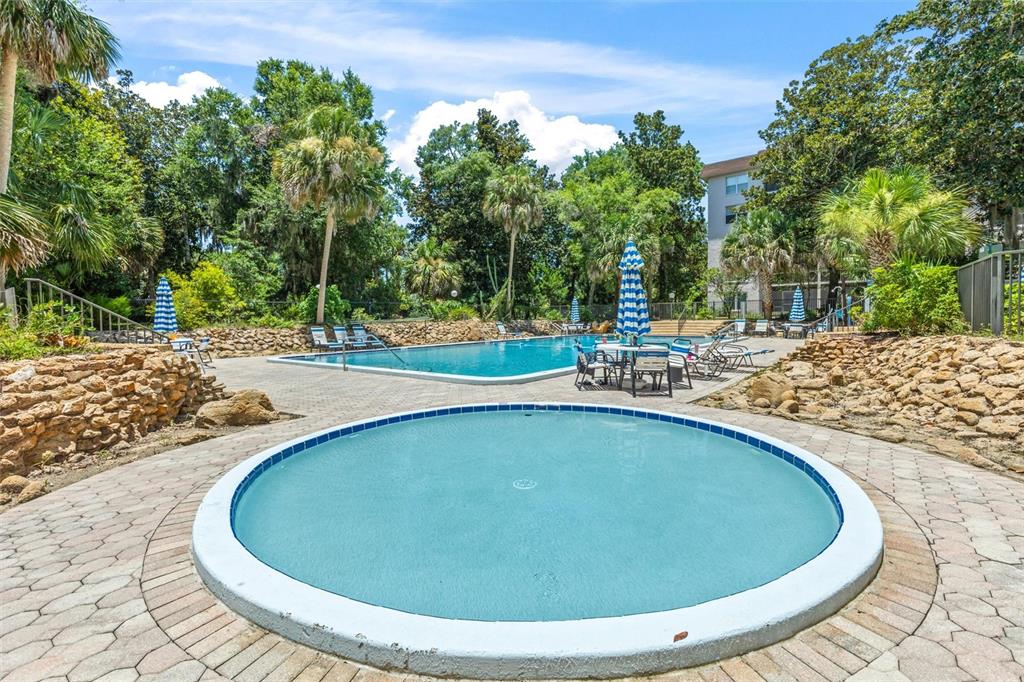 A circular pool sits in the foreground of a patio with a larger rectangular pool — 640 N NOVA ROAD UNIT 209, ORMOND BEACH, FL