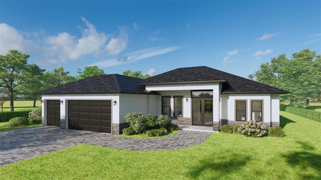 A digital rendering of a modern single-story house with a dark roof and stone accents — 835 ROTONDA CIRCLE, ROTONDA WEST, FL