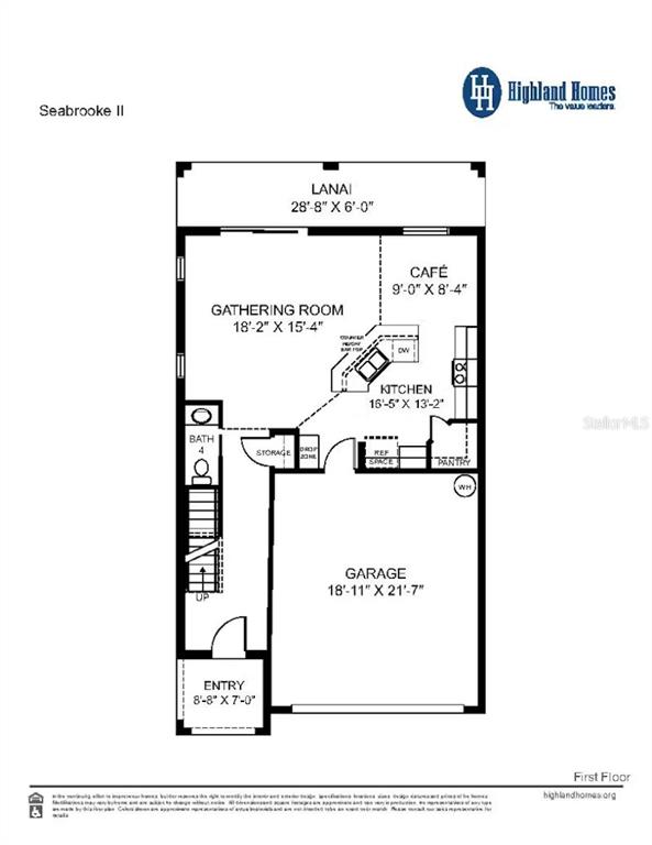 This is a floor plan for the first level of a Highland Homes Seabrooke II residence — 2820 SAN MARCO WAY E, WINTER HAVEN, FL