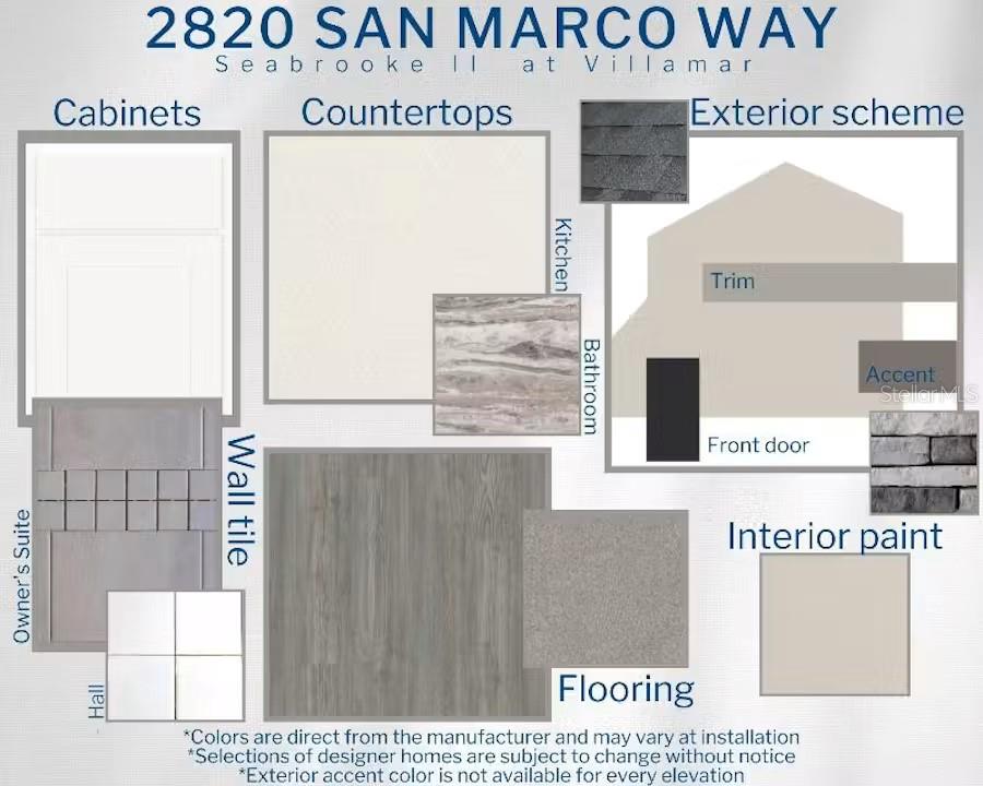 This design board displays interior and exterior finish selections including cabinets, countertops, flooring, and paint — 2820 SAN MARCO WAY E, WINTER HAVEN, FL