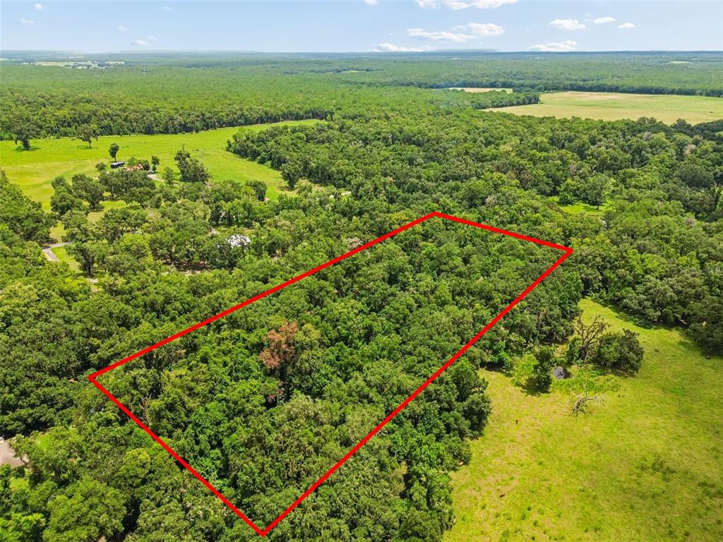 An aerial view shows a rectangular plot of land outlined in red amidst dense forest — 5111 E UNNAMED LANE, FLORAL CITY, FL