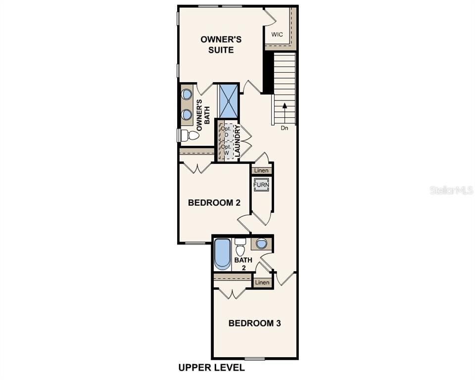 This is a floor plan of an upper level featuring three bedrooms, two bathrooms, and laundry — 10731 WATERFIELD ROAD, JACKSONVILLE, FL