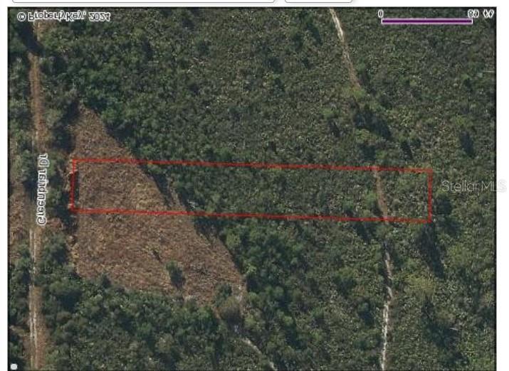 An aerial view shows a rectangular plot of land outlined in red along a road — 1055 GREENBRIAR DRIVE, CHRISTMAS, FL
