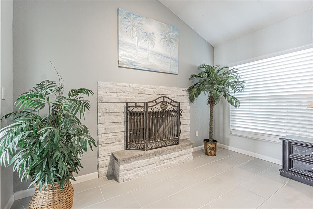 A living room features a light stone fireplace, a large palm tree, and coastal wall art — 7348 BROOKVIEW CIRCLE, TAMPA, FL