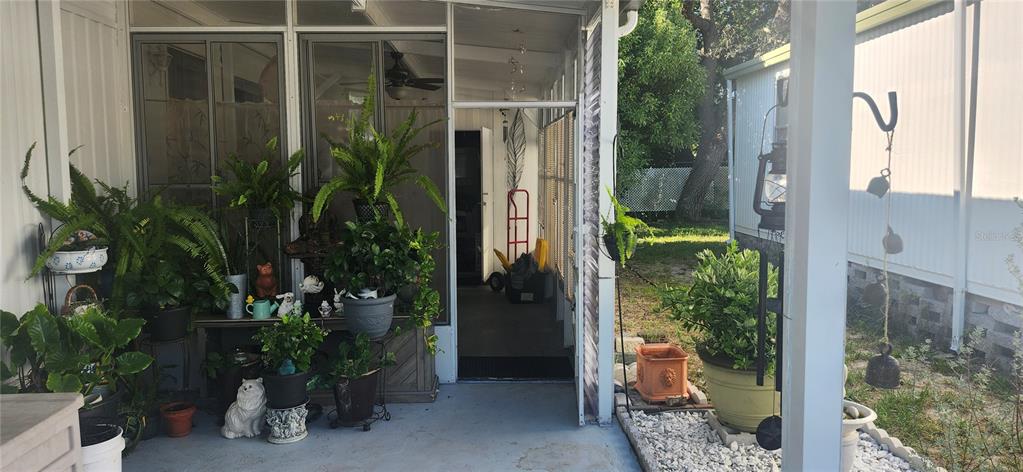 A screened-in porch features numerous potted plants, a concrete floor, and a view of the yard — 3702 TIKI DRIVE, HOLIDAY, FL