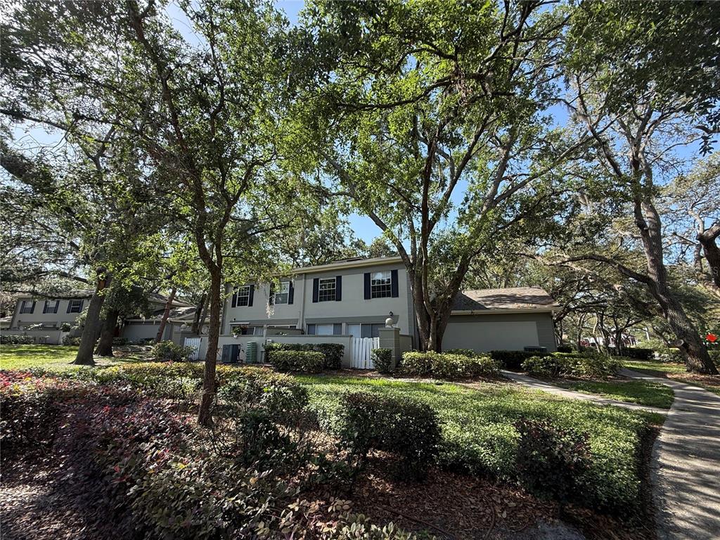 A two-story townhouse with light-colored siding is surrounded by large trees and landscaping — 6206 DEWDROP WAY, TEMPLE TERRACE, FL
