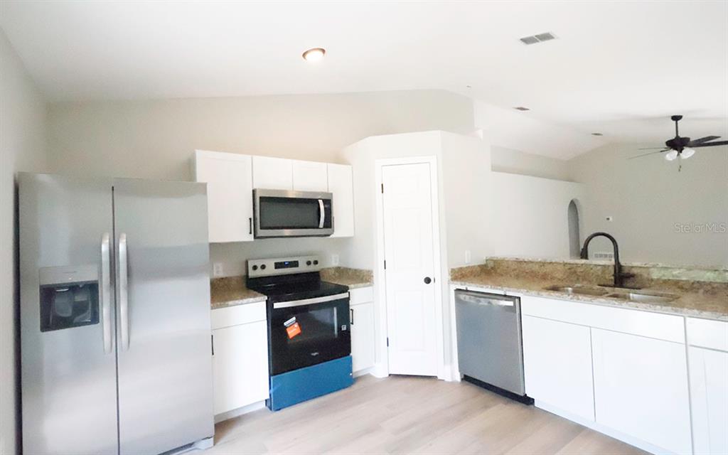 An interior view shows two white doors, light green walls, and a geometric pendant light — 6529 TABOGI TRAIL, WESLEY CHAPEL, FL