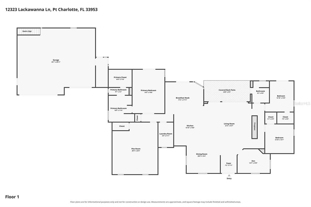 This is a floor plan for a single-story house featuring a garage, multiple bedrooms, and patio — 12323 LACKAWANNA LANE, PORT CHARLOTTE, FL