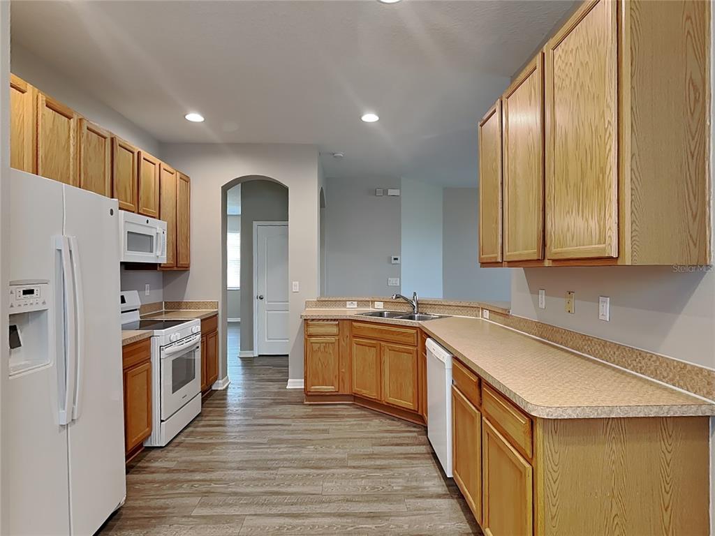 A kitchen features wood cabinets, laminate countertops, white appliances, and wood-look flooring — 221 FERN GULLEY DRIVE, SEFFNER, FL