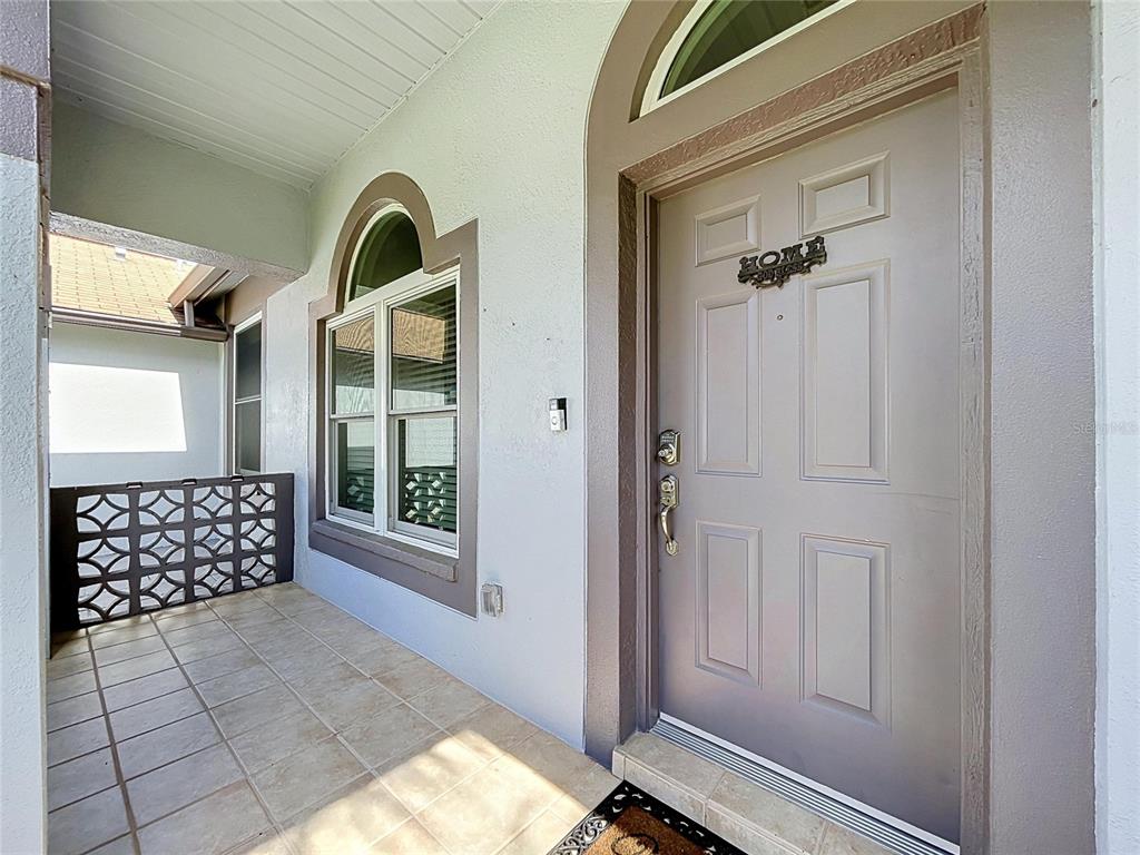 A covered front porch features tiled flooring, a gray front door, and a decorative railing — 4209 AMBER RIDGE LANE, VALRICO, FL