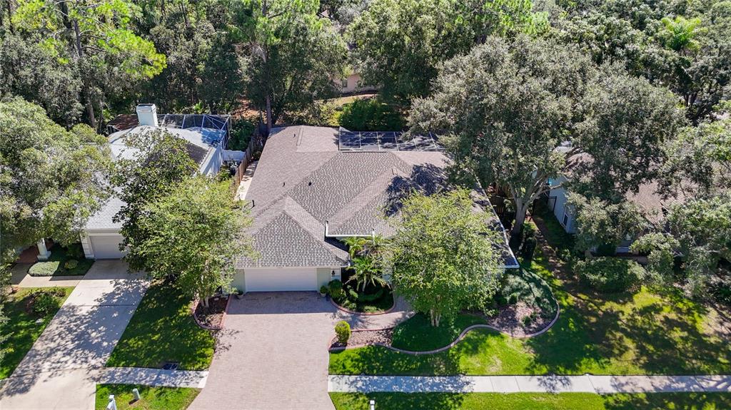 An aerial view shows a single-story house with a shingled roof, driveway, and surrounding trees — 15903 BROCKWAY PLACE, TAMPA, FL