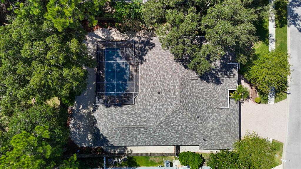An aerial view shows a house with a shingled roof and a screened-in swimming pool — 15903 BROCKWAY PLACE, TAMPA, FL