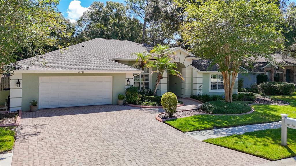 A single-story house with a light green exterior, a paved driveway, and a two-car garage — 15903 BROCKWAY PLACE, TAMPA, FL