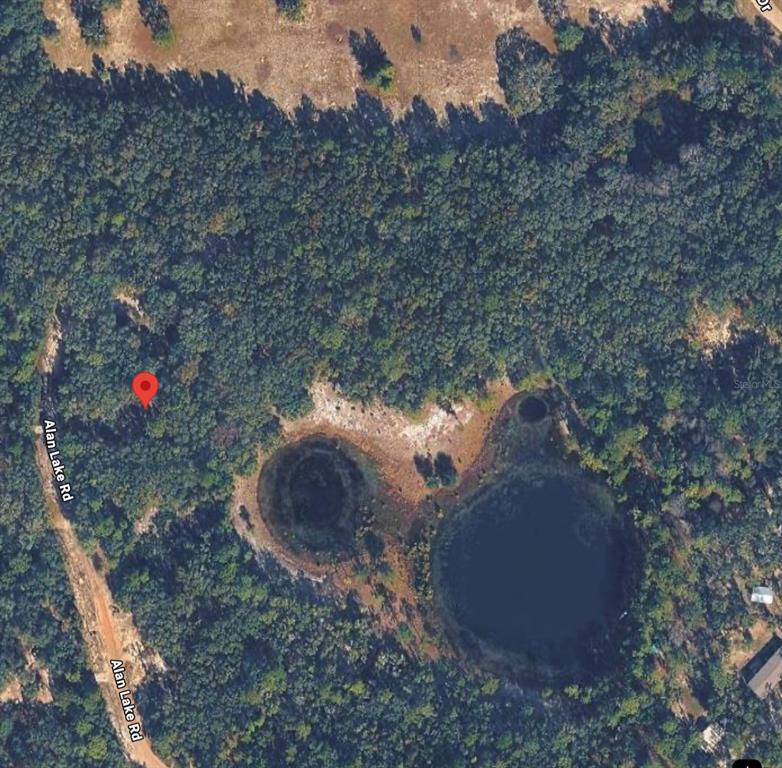 This aerial map view shows a wooded lot with two circular sinkhole lakes — 4586 ALAN LAKE ROAD, KEYSTONE HEIGHTS, FL