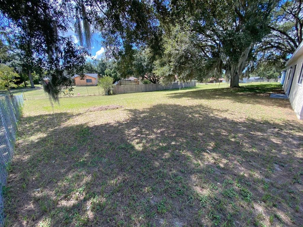 A grassy backyard features mature oak trees, a chain-link fence, and a wooden privacy fence — 5 HICKORY TRACK RUN, OCALA, FL
