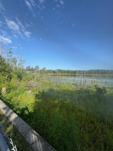 A view of a grassy shoreline leading to a lake with wooden posts in the water — 386 HAVERSHAM ROAD, DELTONA, FL