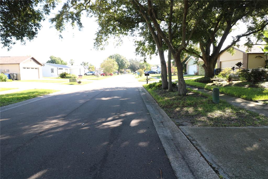 A paved residential street lined with houses, large trees, and grassy lawns under a bright sky — 5017 OAKSHIRE DR, TAMPA, FL