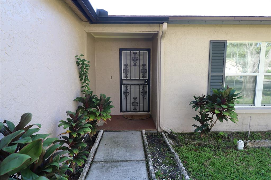 A concrete walkway leads to a front door with a black security screen — 5017 OAKSHIRE DR, TAMPA, FL