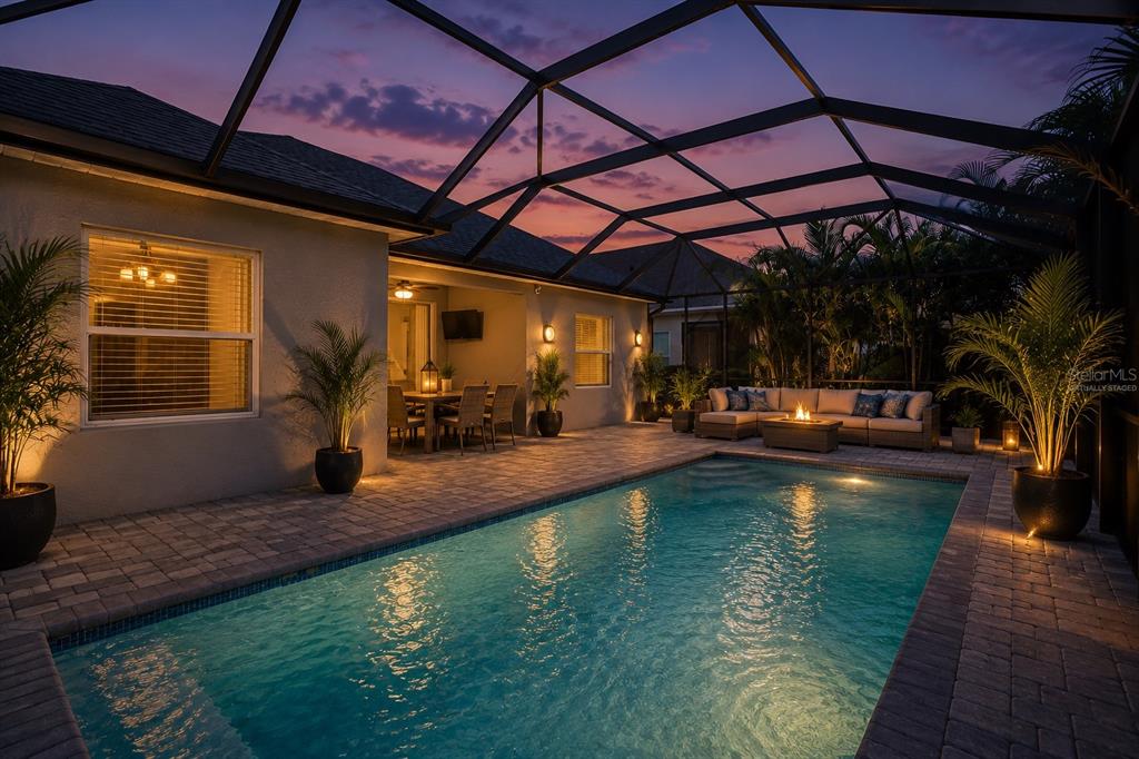 A backyard swimming pool with a screened enclosure, patio furniture, and landscape lighting at dusk — 4727 CREEKRIDGE COURT, BRADENTON, FL