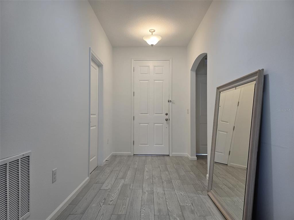 An entryway features light gray wood-look flooring, a white front door, and a leaning floor mirror — 625 DISA DRIVE, DAVENPORT, FL
