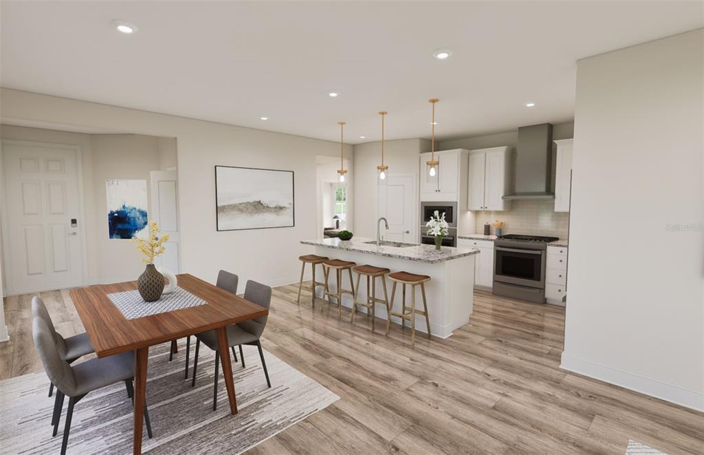 This rendering shows an open-concept kitchen and dining area with wood-look flooring and white cabinetry — 13804 ROCKY PINE PLACE, SPRING HILL, FL