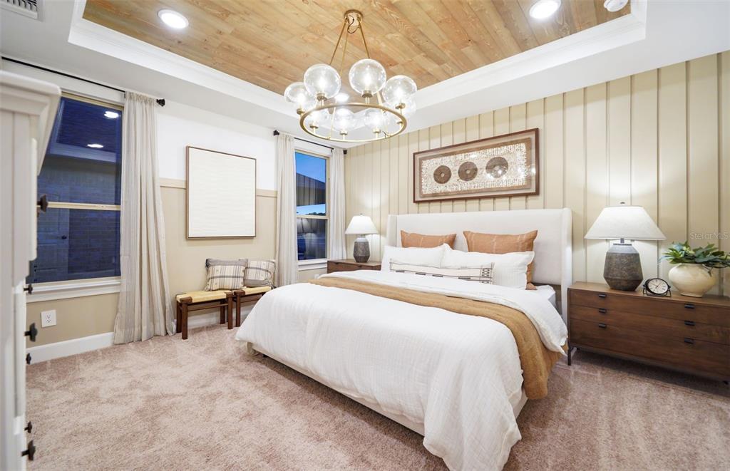 A bedroom features a wood-paneled tray ceiling, vertical wall paneling, and a central globe chandelier — 13804 ROCKY PINE PLACE, SPRING HILL, FL