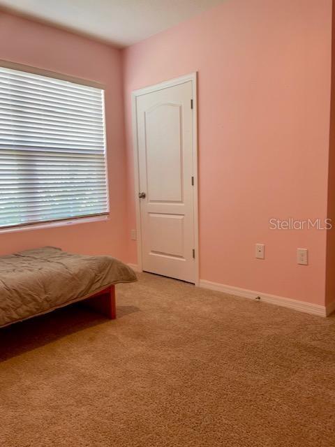 A bedroom features pink walls, beige carpeting, a window with blinds, and a white door — 1810 EAGLE HAMMOCK BOULEVARD, EAGLE LAKE, FL