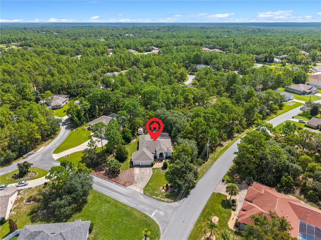 An aerial view shows a single-family house with a pool surrounded by dense forest — 1 COLUBRINA COURT, HOMOSASSA, FL