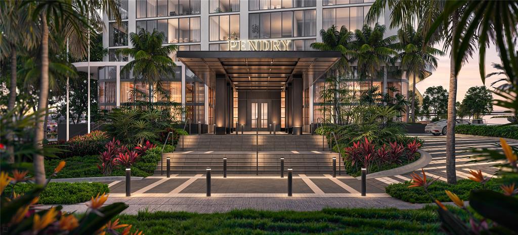 This is a rendering of the exterior entrance to a modern building labeled Pendry — 111 S ASHLEY DRIVE UNIT 2702, TAMPA, FL