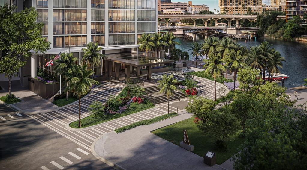 This is a rendering of the exterior entrance to the Pendry hotel near a river — 111 S ASHLEY DRIVE UNIT 2702, TAMPA, FL