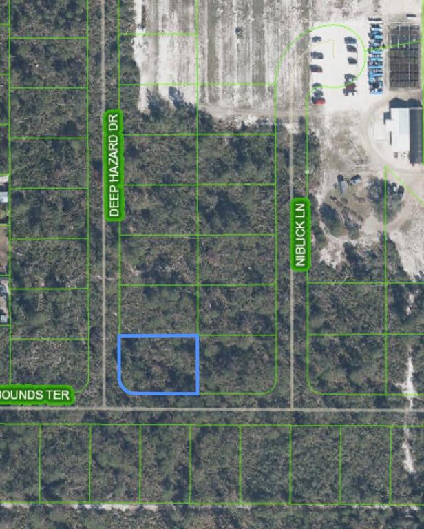 This is an aerial map showing a highlighted vacant residential lot in a wooded area — 10662 DEEP HAZARD DRIVE, SEBRING, FL