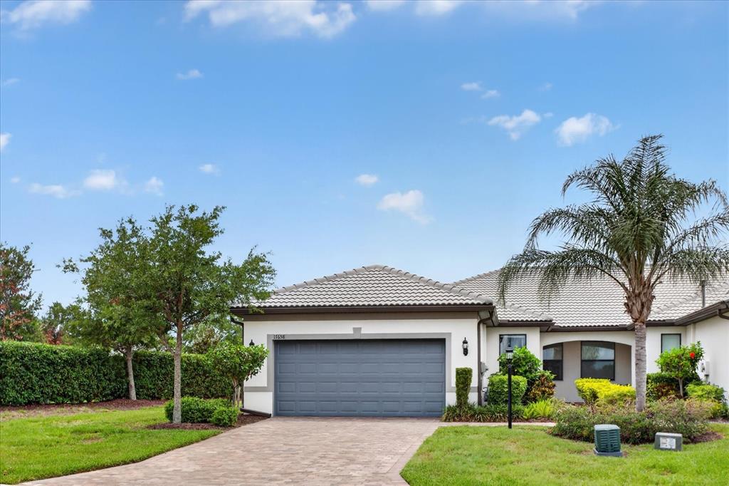 A single-story house with a gray garage door, a paved driveway, and a palm tree — 17658 CAMDEN DRIVE, BRADENTON, FL