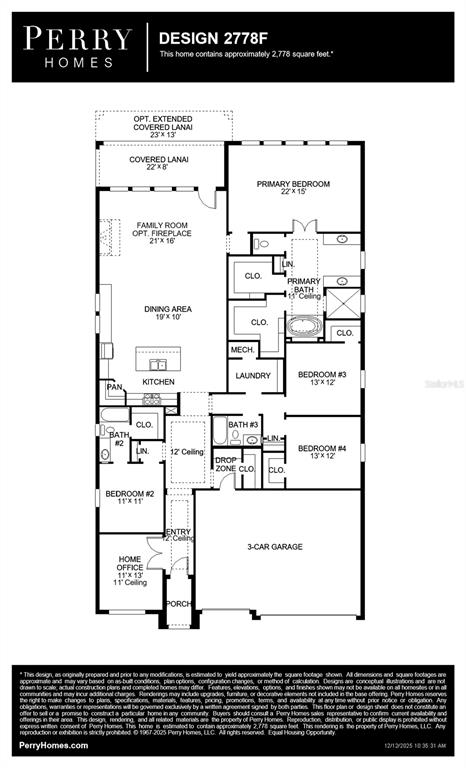 This floor plan shows a single-story home layout with four bedrooms, a three-car garage, and a lanai — 7922 BON AIR WAY, PARRISH, FL