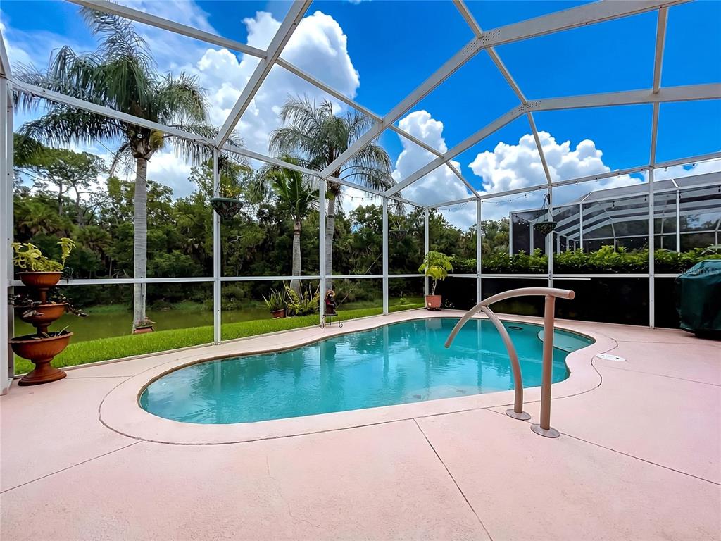 A screened-in swimming pool sits on a patio overlooking a pond and trees — 27544 BREAKERS DRIVE, WESLEY CHAPEL, FL