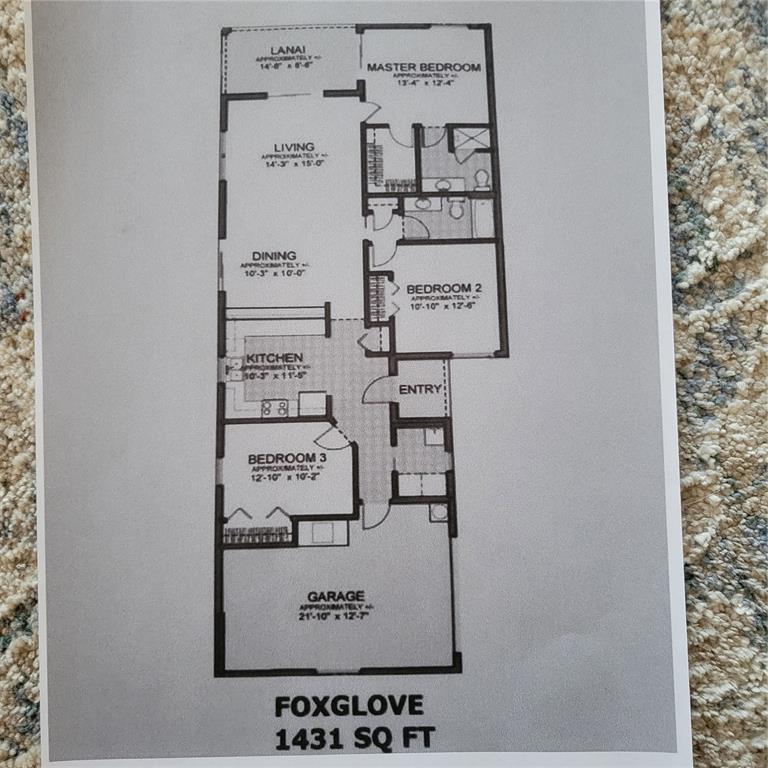 This is a floor plan for a 1,431 square foot home named Foxglove — 1521 TRENTON LANE, THE VILLAGES, FL
