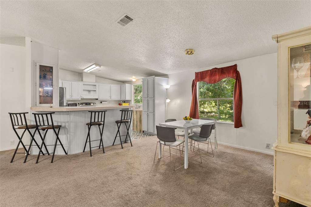 A kitchen with white cabinets and a breakfast bar overlooks a dining area with carpet — 3002 SW 127TH AVENUE, WEBSTER, FL