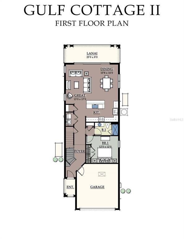 This is a first-floor plan for a home featuring a garage, foyer, kitchen, and lanai — 7583 EXCITEMENT DRIVE, REUNION, FL