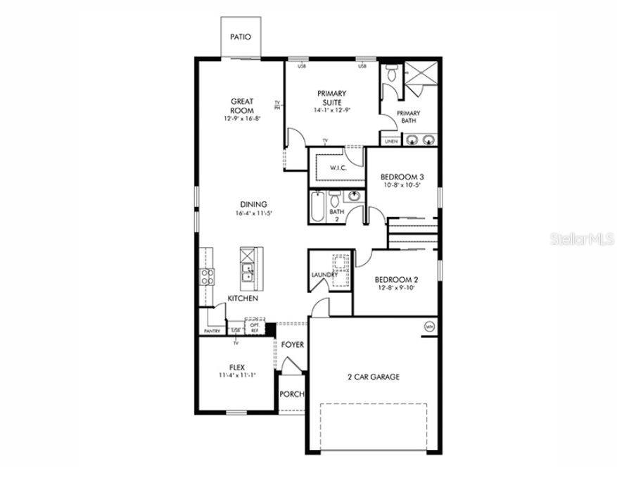 This is a floor plan for a single-story house featuring three bedrooms, a two-car garage, and a patio — 4542 EAGLE PERCH COURT, ST CLOUD, FL