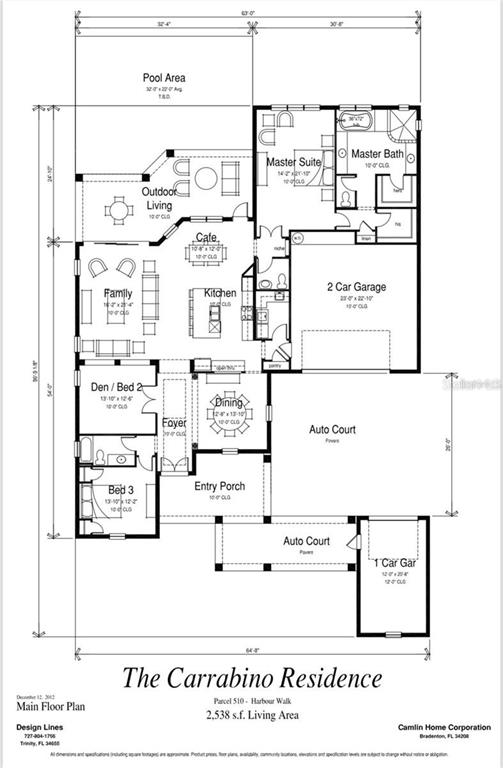 This floor plan shows a single-story residence with three bedrooms, a pool area, and two garages — 540 MAST DRIVE, BRADENTON, FL