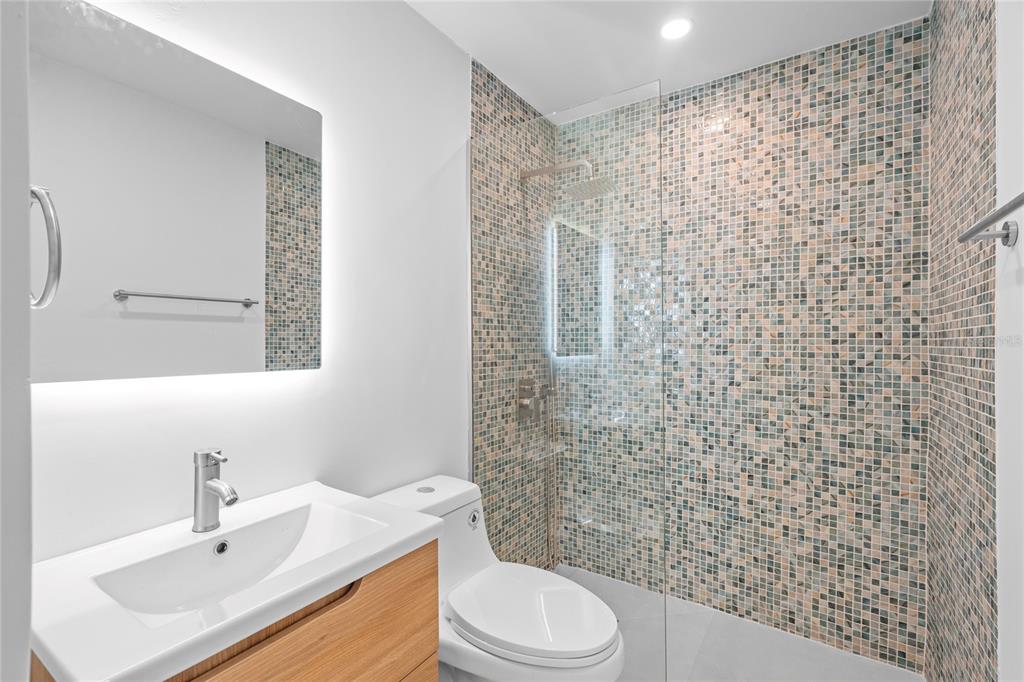 A modern bathroom features a wood vanity, a white toilet, and a glass-enclosed mosaic tile shower — E 10 CALLE MADRE PERLA, DORADO, PR