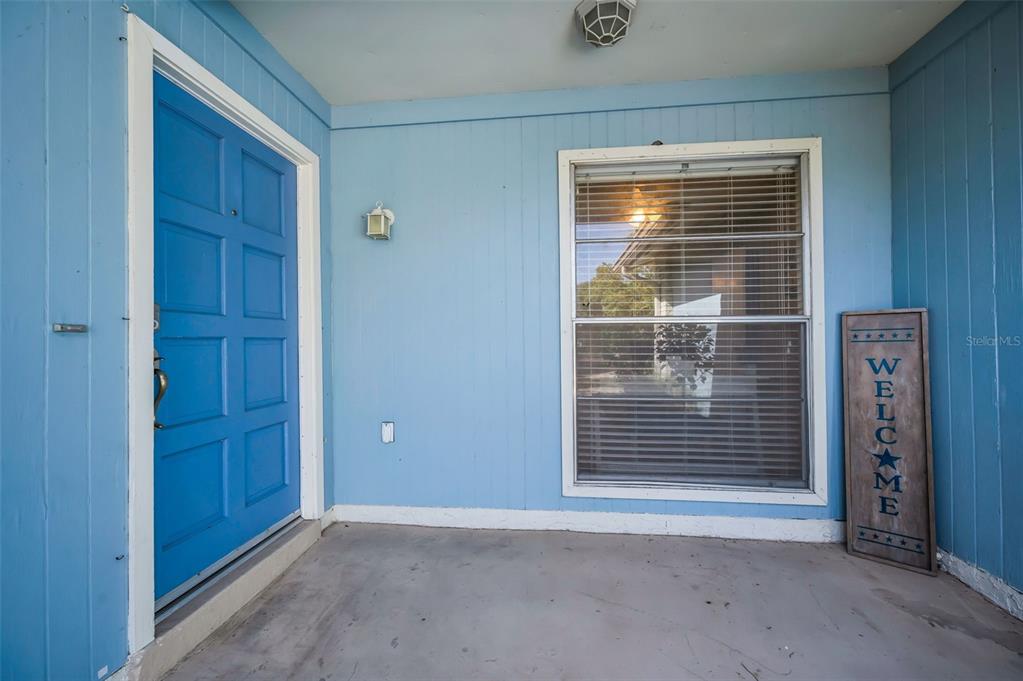 A blue front door and a window with blinds are on the porch of a house — 7404 CLEARVIEW DRIVE, TAMPA, FL